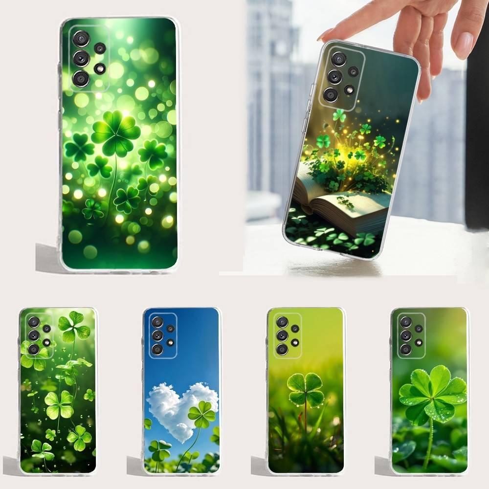Lucky Art Four Leaf Clover Phone Case For Samsung A30,71,51,S9,10,20,Ultra,FE,Lite,S25,24,22,23,21,PIus,Transparent, Silicone