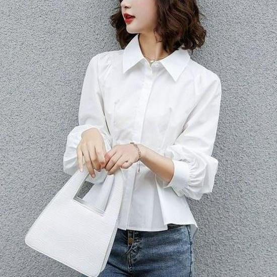 White Puff Sleeve Long Sleeve French-Inspired Blouse - Irregular Autumn Korean Style