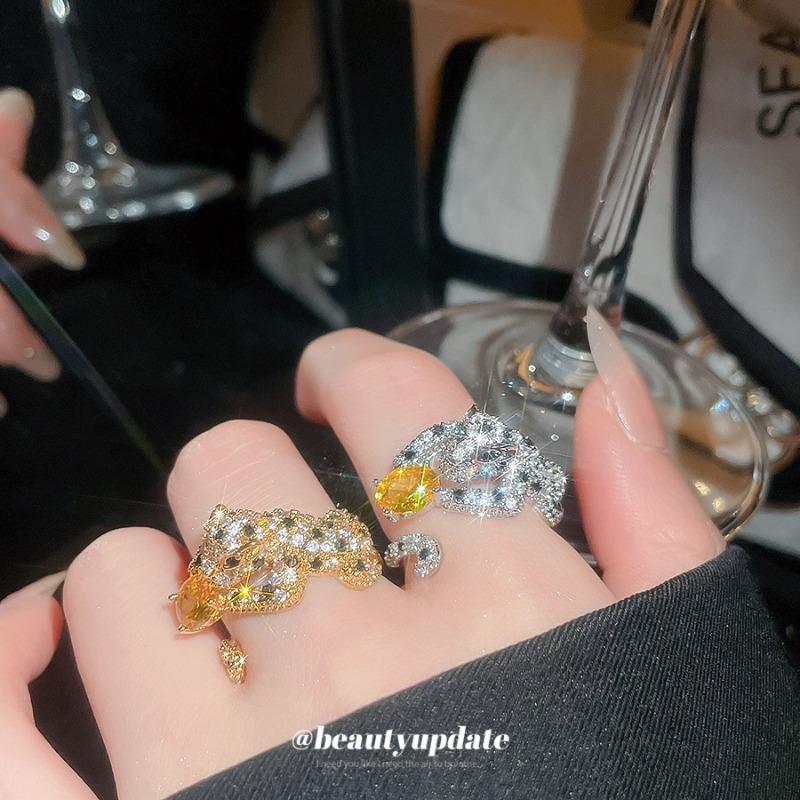 Zircon Oval Junior Leopard Open Ring Exquisite Heavy Industry Light Luxury Index Finger Ring Premium Sense Ring