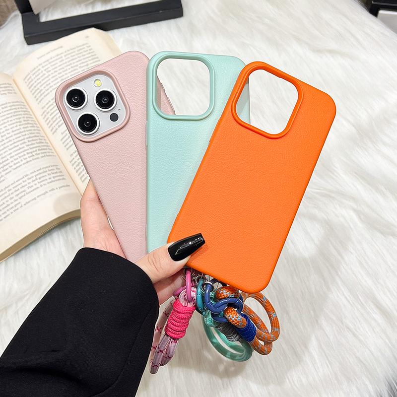 Cute Candy Leather Texture With Wrist Strap Case For iPhone 17 Air 16 15 14 11 12 13 16 Pro Max 16 Plus Solid Color Soft Cover