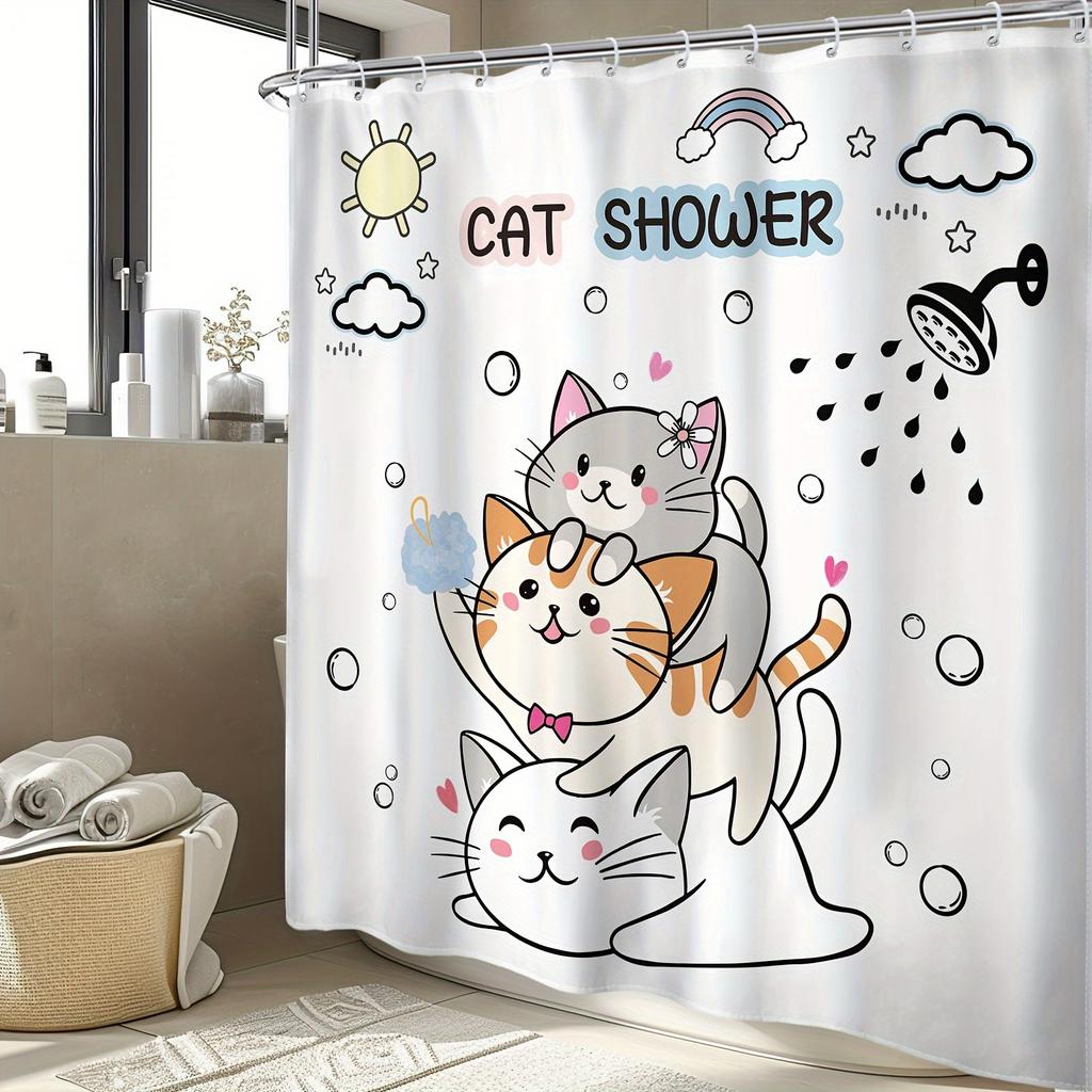 Cute Cartoon Cat Shower Curtain - Funny Kitten Design with Sun, Cloud & Rainbow, Waterproof Polyester, 12 Plastic Hooks