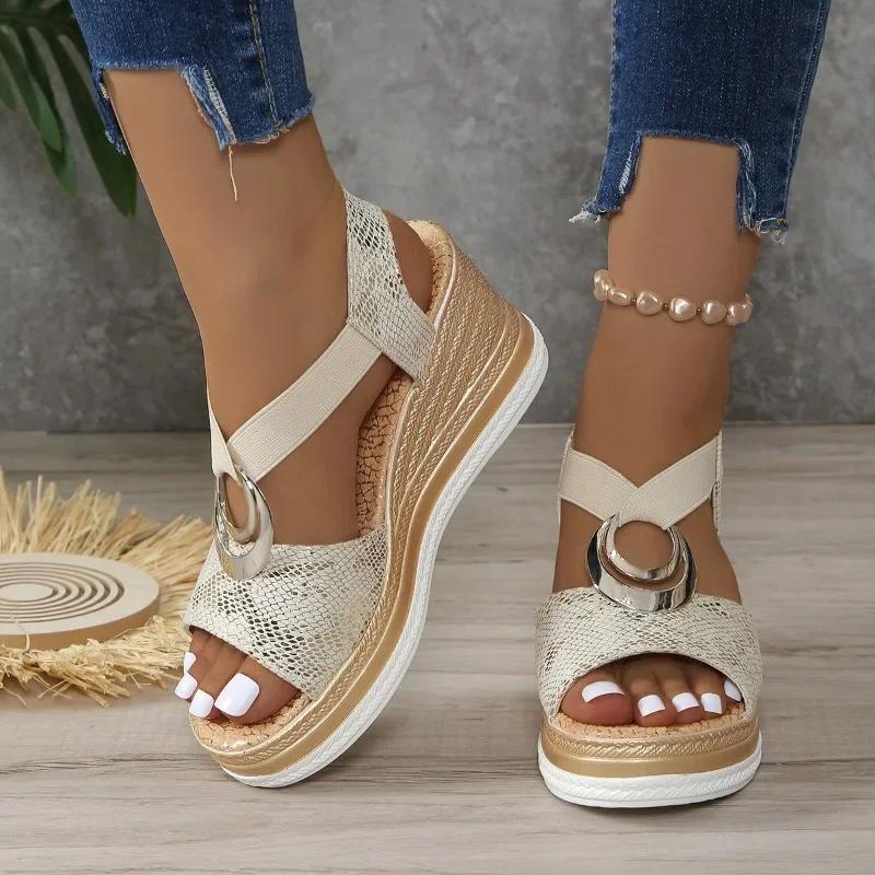 2024 Nova Moda Cor Sólida Sandálias Femininas Salto Cunha Cor Combinando Sandálias Femininas Casuais para Casacos Zapatos Mujer