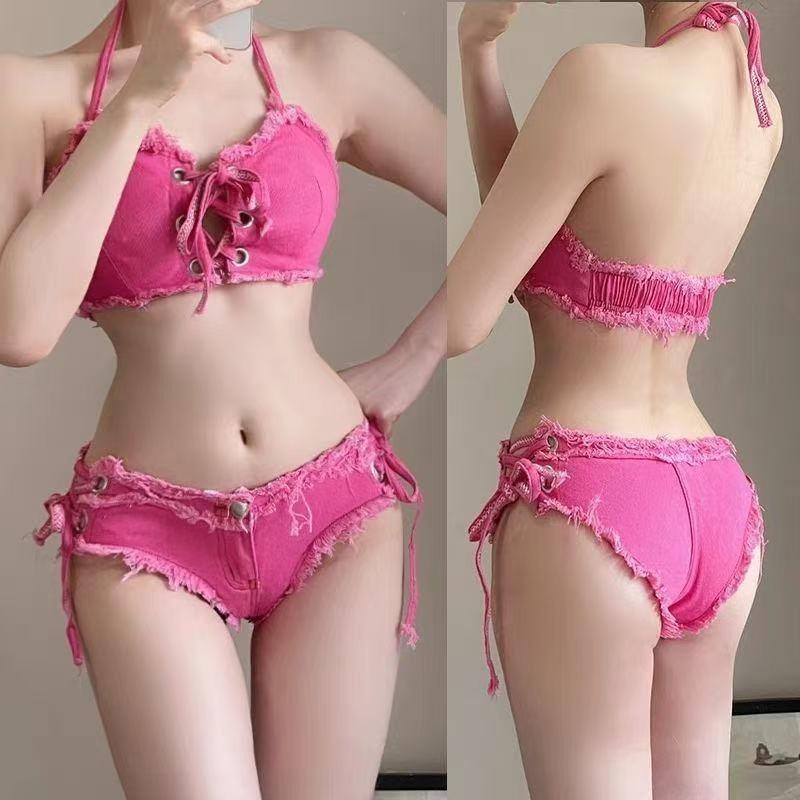 Denim Halter Backless Women's Bikini for Nightclub Pole Dance Performance