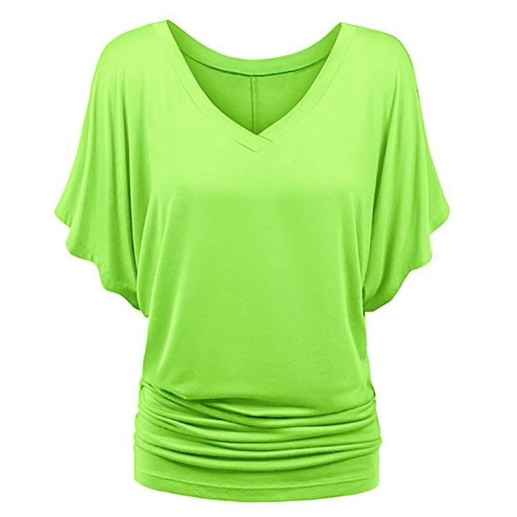 Plus Size Women Fashion Solid T Shirt Loose V Neck Batwing Sleeve Fold Hem