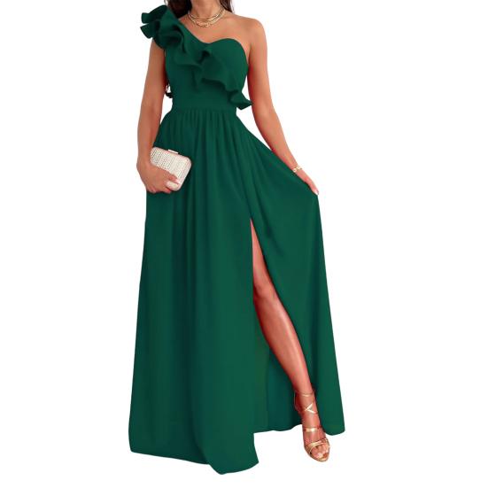 Ärmelloses Kleid mit Seitenschlitz, fließendem Saum und elegantem Design, sexy asymmetrischem Kragen und Rüschenbesatz, Maxikleid, Partykleidung
