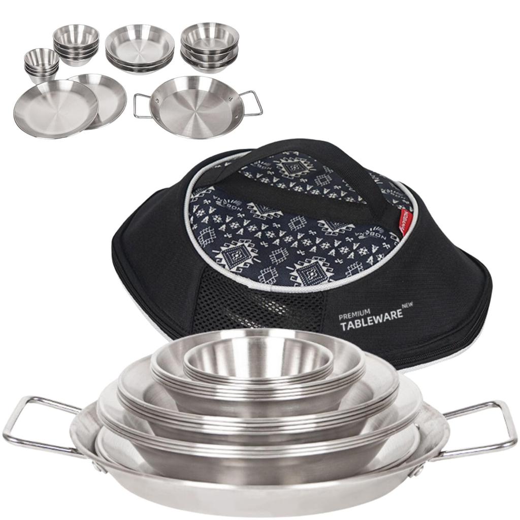 MONTOMAY Camping Equipment Sanitation Law 18 Piece Camping Tableware Set Camping Equipment Stainless Steel Plate Outdoor Kocher Cooker Set Barbecue