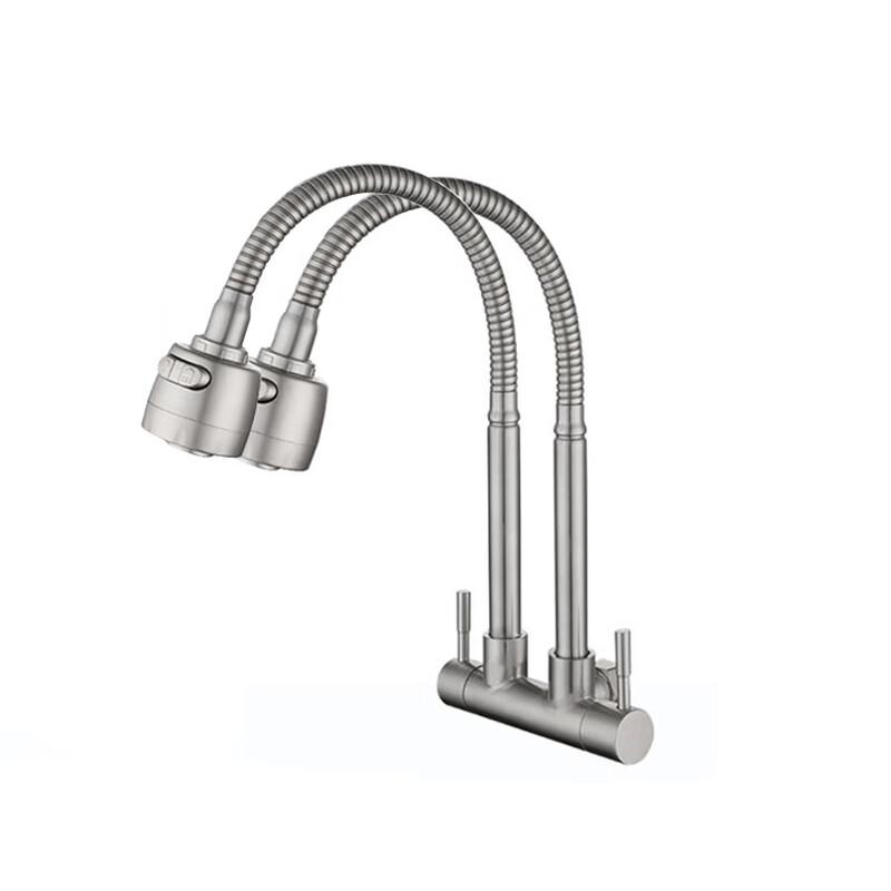 TLXT 304 SS Wall-Mounted Kitchen Faucet - Dual Flexible Spouts, Single Cold