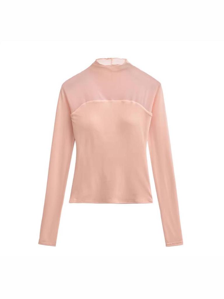 Women's Chic Sheer Mesh Spliced Long Sleeve T-shirt: Elegant Slim-fit, Sexy Base Layer Top