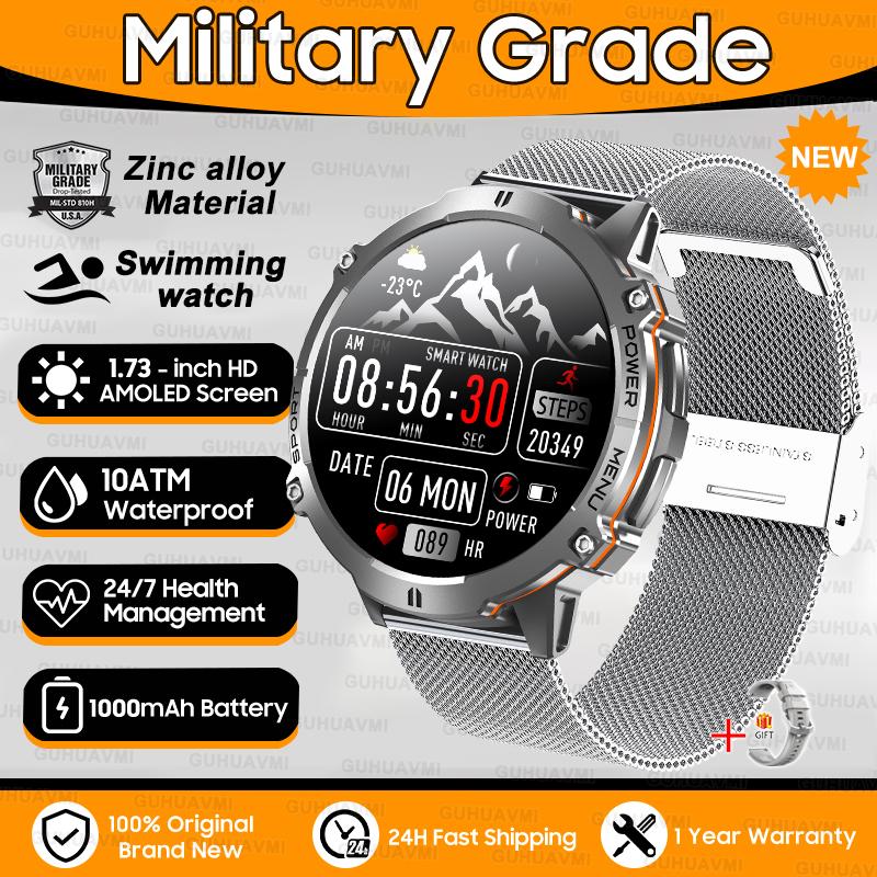 New 1000mAh Big Battery Outdoors Military SmartWatch 1.73" AMOLED Screen 10ATM Waterproof Compass Sports Tracker Smartwatch
