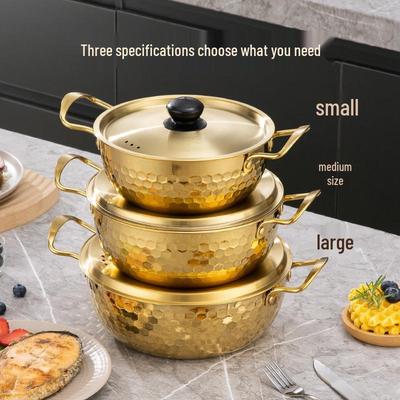 Pentola Ramen in Acciaio Inossidabile Martellato Stile Coreano Dorato con Coperchio - Piccolo Set Regalo Hot Pot