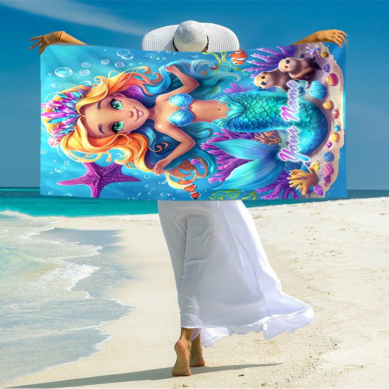 1PC Custom Name Mermaid Dreams Underwater Beach Towel Highly Absorbent And Sand-Resistant Towel for Swimming, Pool, Yoga, And Travel Lightweight