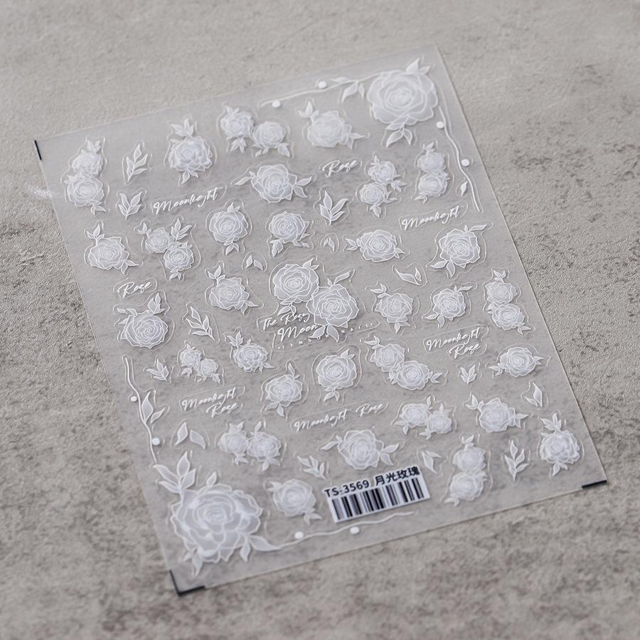 Crystal White Flower Leaves Petal Wet garden Spring Charming Elegant 5D Nail Art Stickers Rhinestone Adhesive Manicure Decals
