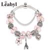 New Valentine's Romantic Pink Heart Charm Bracelet & Bangle Fine Crystal Diy Bead Bracelet Jewelry for Women Girl Gift