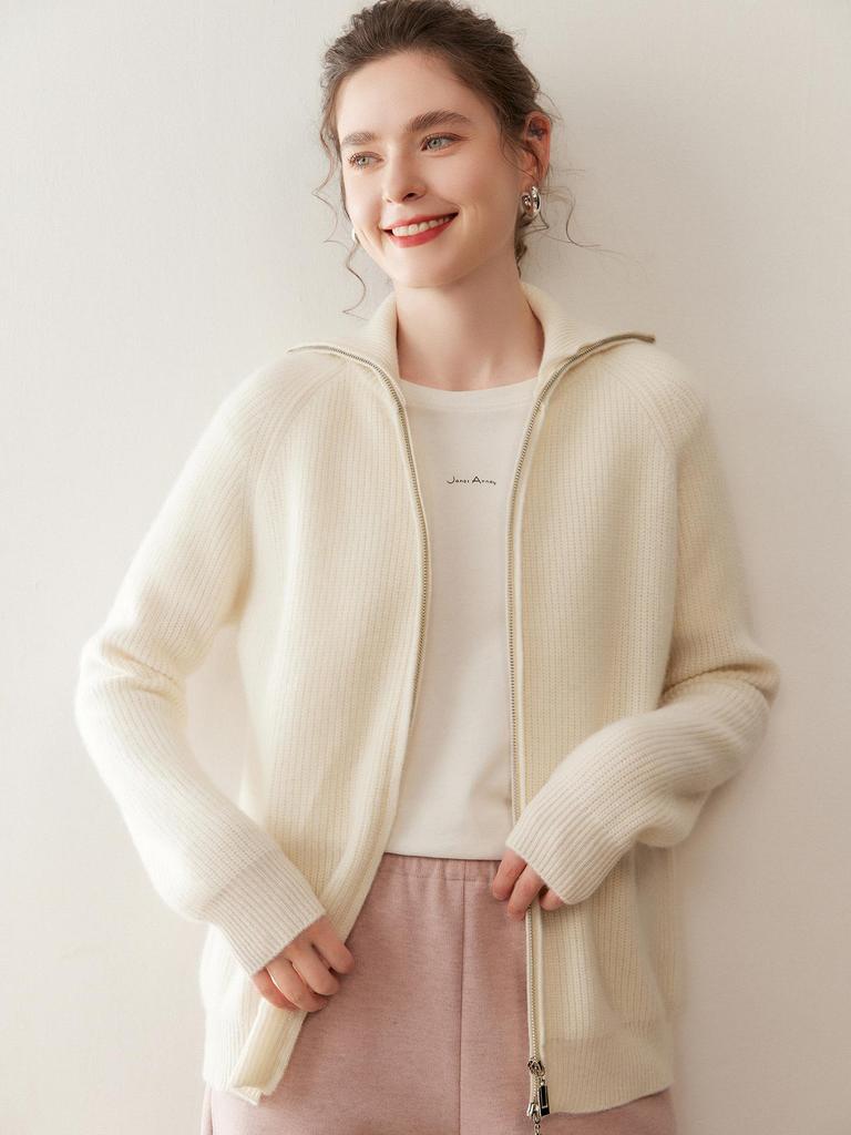 Women's Retro Cashmere Stand Collar Cardigan - Double Zipper, Long Sleeve, Age-Reducing Base Layer Top