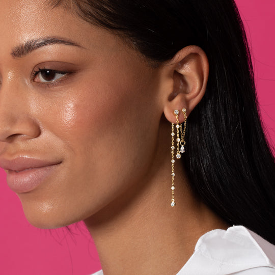 Bling Fashion Women Jewelry 5A Cubic Zirconia CZ 18K Gold Plated Double Chain Long Tassel Earring