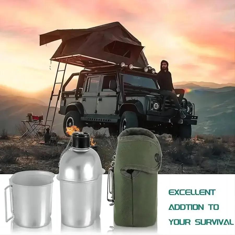 Aluminum Water Canteen Cup Stove Pouch Set Portable Military Canteen with Cup for Camping Survival  Hiking Backpacking
