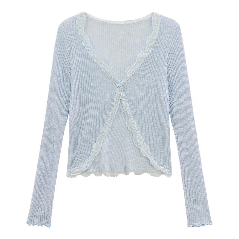Lace Trim V-Neck Sun Protection Knit Cardigan - Women's Summer Chic Korean Style Lightweight Outerwear