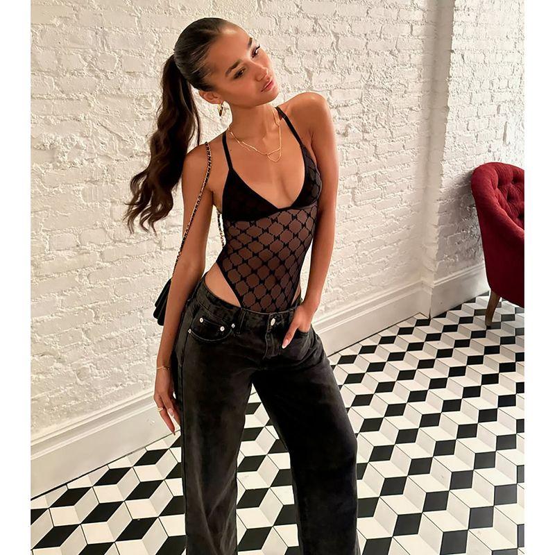 

Kkx Уличный стиль Гяру Сетчатая Прозрачная Лоскутная Майка на Бретелях с V-образным вырезом Американский Сексуальный Облегающий Комбинезон для Женщин Black L