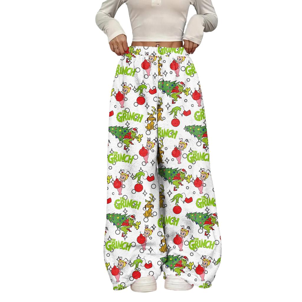 Women's Casual Christmas Print Elastic Waist Loose Fit With Plush Wide Leg Pants