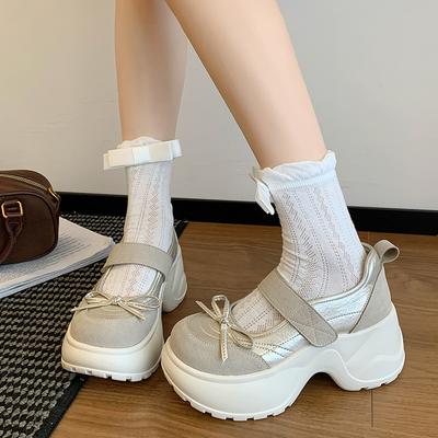 Plataforma com Laço Mary Jane Francês Sapatos Pequenos de Couro Femininos Primavera e Verão Novos Bico Redondo Boca Rasa Salto Único Aumentado