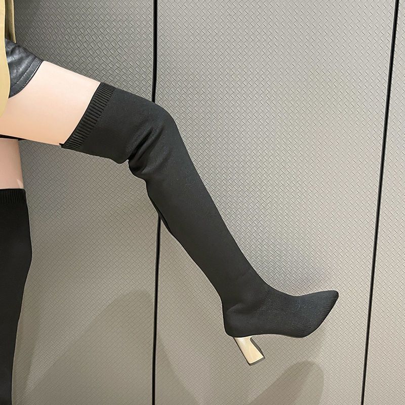 2025 Autumn and Winter New Korean Version of Fashion Versatile Elastic Boots Women's Pointed Thick Heel High Heel Elegant Knee Boots