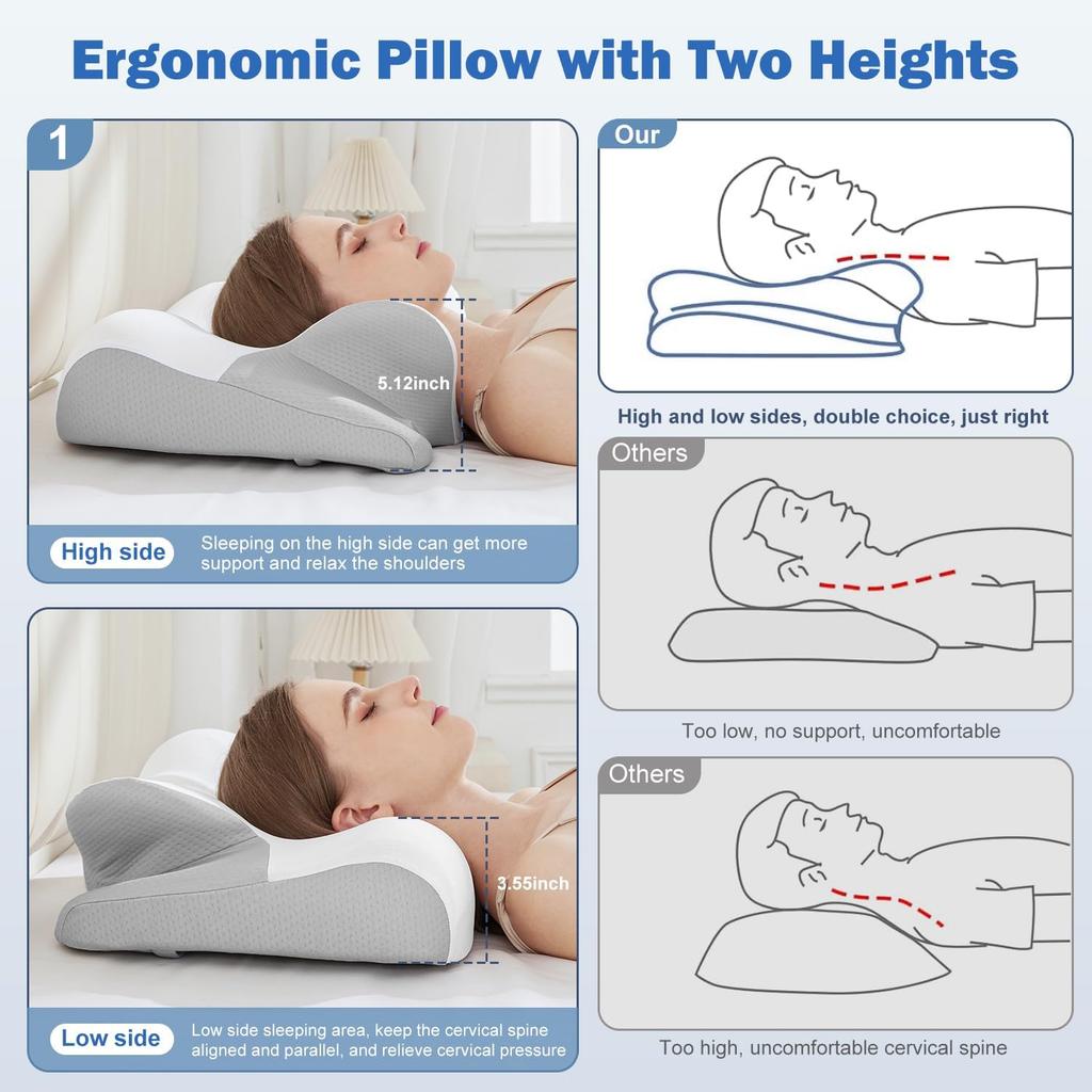 Cervical Neck Pillow for Sleeping - Cooling Ergonomic Memory Foam Pillow for Neck Pain Relief, Soft and Stretchy, Relieves Shoulder Pressure, Side