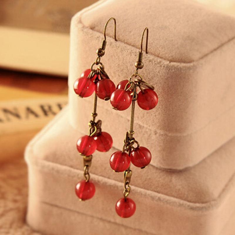 Vintage Forest Girl Bohemian Cherry Necklace Sweet Stylish Red Cherry Bracelet Earrings Set