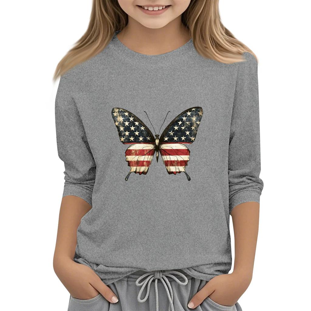 Children's Round-Neck Independence Day Three-Quarter Sleeve Casual T-shirt Top