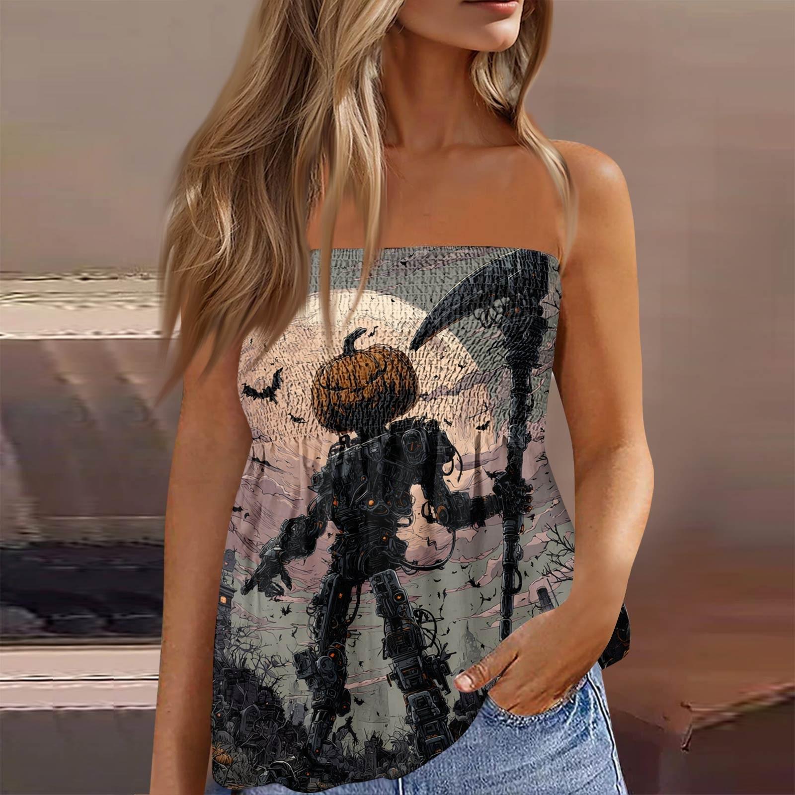 

Summer Tube Tops For Women,Cute Sexy Off Shoulder Print Sleeveless T-Shirt L