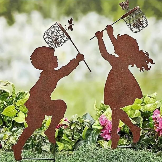 Outdoor Farmhouse Metal Silhouette Decoration - Small Boy and Girl Ornament