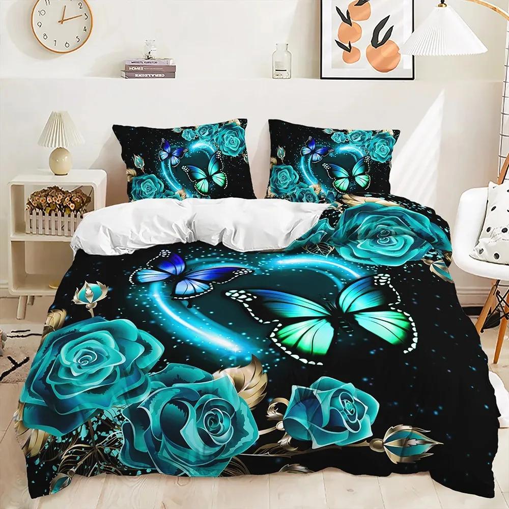 Purple Butterfly Rose Bedding Sets Fashion Duvet Cover Sets Twin Full Queen King Size Pillowcase for Kids Adult Gift Bed Linen