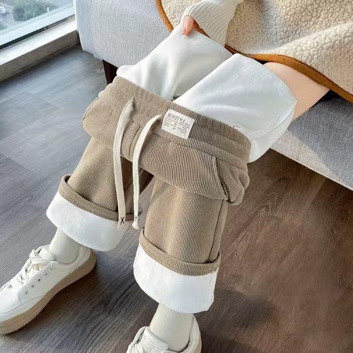 Women's Fleece Wide-leg Pants Autumn and Winter Chenille Pants Fleece-lined Thickened Warm Cotton Pants Corduroy Straight-leg Pants