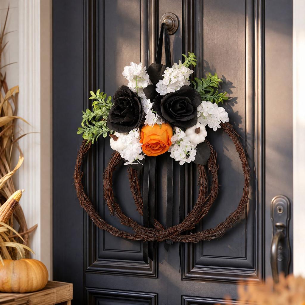 Artificial Halloween Pumpkin Wreath with Leaves for Front Door Hanging Decor