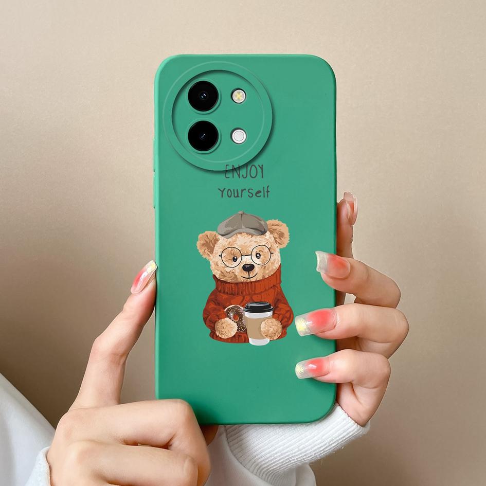 Cute Bear Cartoon Pattern Shell For Vivo T3x Y03 Y28 Y38 Y200i T3 X Cover Bumper Screen Protector Lens Protection Liquid Silicone Soft Phone Bags Case