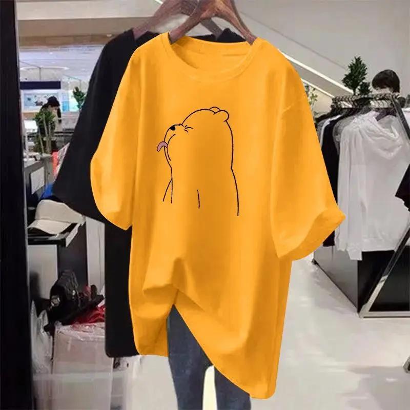 Loose women's cartoon printed T-shirt, round neck sweater, basic, casual, short sleeved, pure cotton