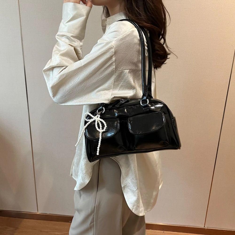Mini Korean Style PU Bowling Bag Solid Color Handbag Pocket Bost Tote Bag French Style Minority Design Underarm Bag Outdoor