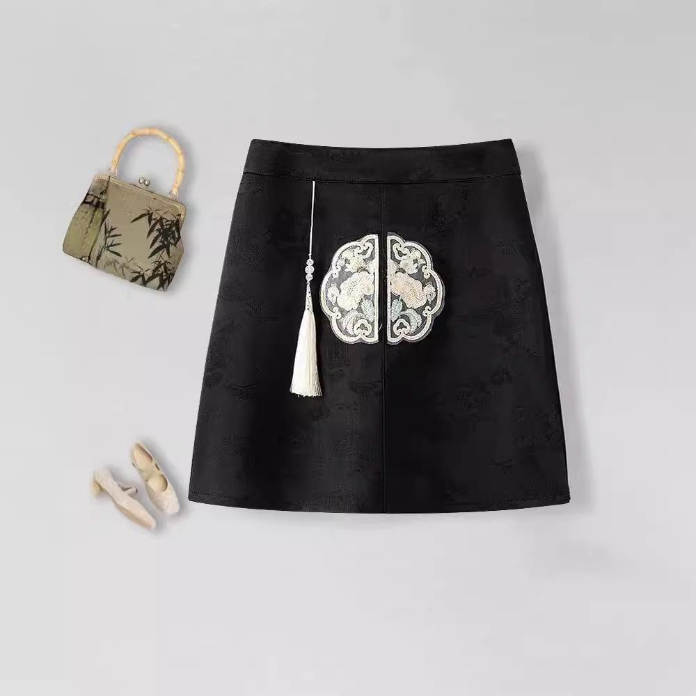 

Spring 2026 Hanfu-Style High-Waist Jacquard A-Line Mini Skirt M (45-54kg) чёрный
