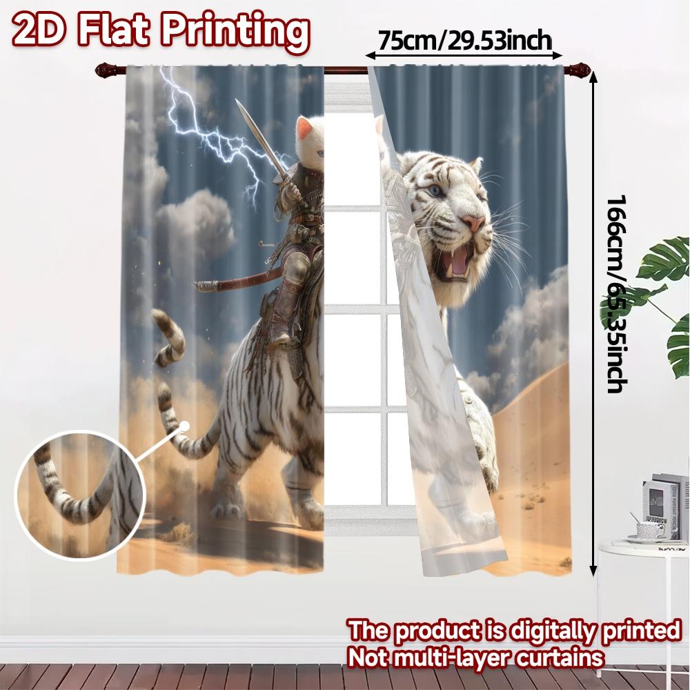 2pcs, 2D FLAT PRINTING Curtains (Without Rod) Tiger Rider Storm Print Popular Curtains Polyester Easy Install Curtains Holiday