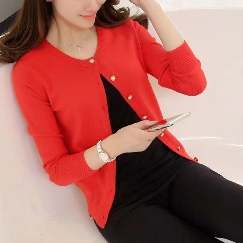 Autumn Winter Knitted Cardigan Women's Sweater Jacket 2025 Round Neck Long Sleeve Korean Version Thin Top Solid Color Casual Simple Outer Top Clothing