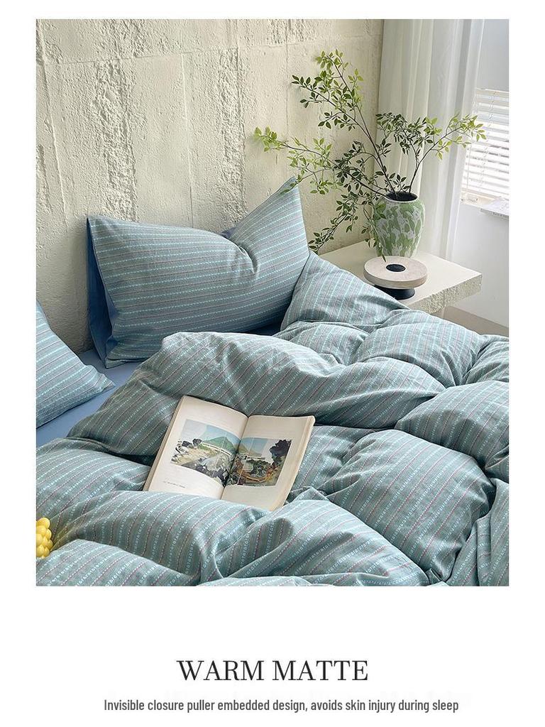 G5Z Cotton Yarn-Dyed Stripe Duvet Cover Set - 4 Pieces, All-Season Bedding for Dorms