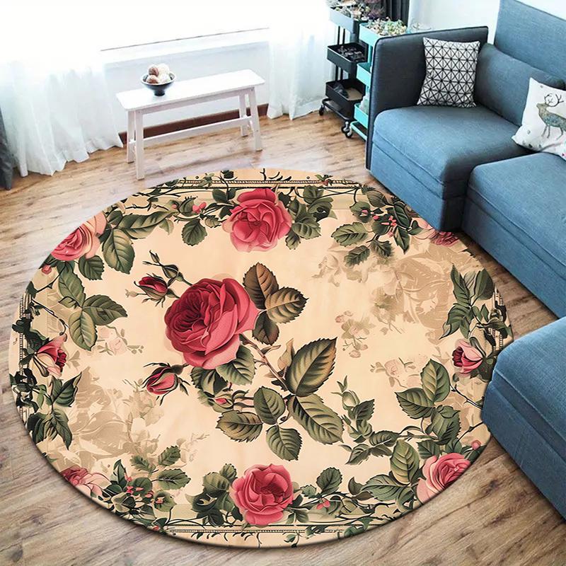 Retro Flowers Round Area Rug,Carpet Rug for Living Room Bedroom Sofa Playroom Decor,Non-slip Floor Mat