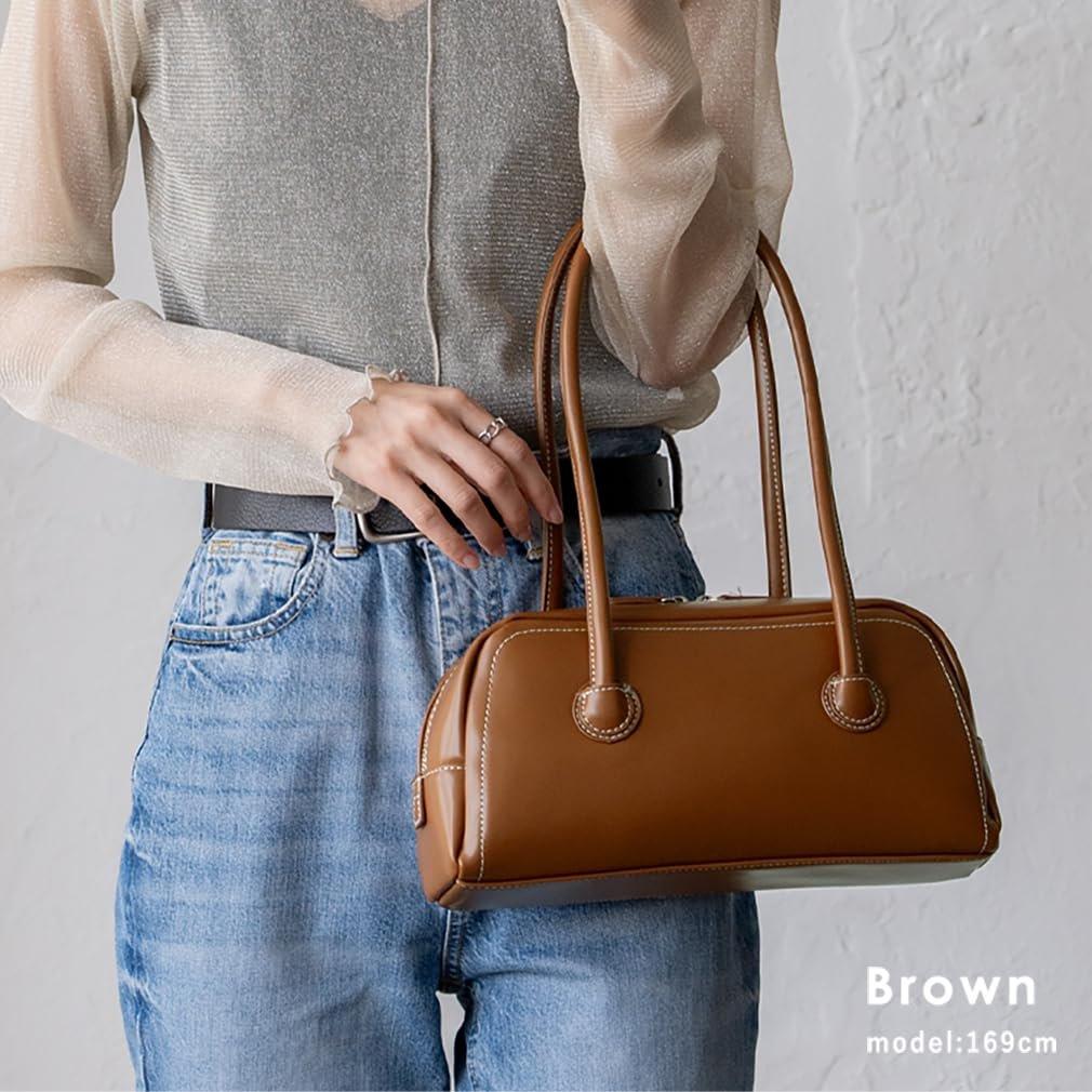 VITAFELICE Women's Long Handle Mini Boston Bag Elegant PU Leather Horizontal Shoulder Bag Small Underarm Handbag nsb-30230p Brown