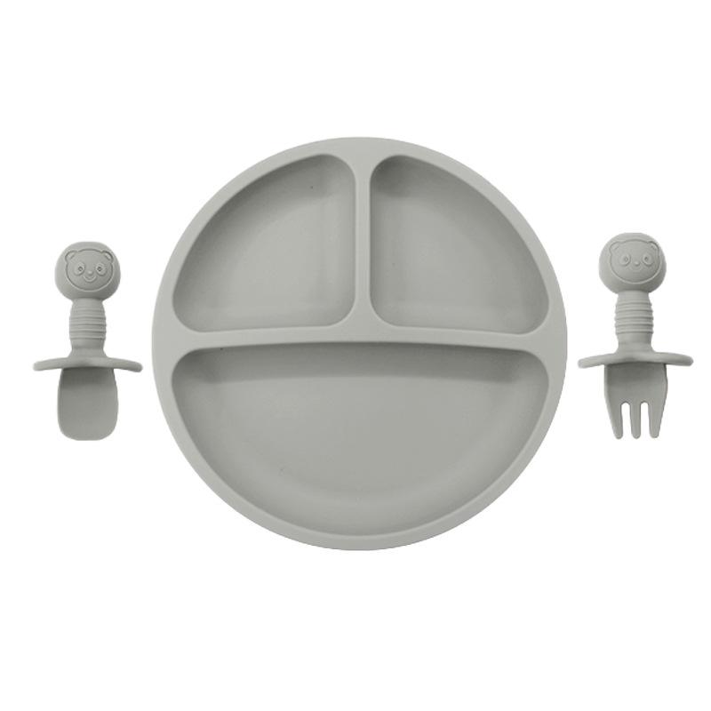 Children's Silicone Divided Plate & Cartoon Bear Spoon Fork Set - Drop-Proof Infant Feeding Tableware