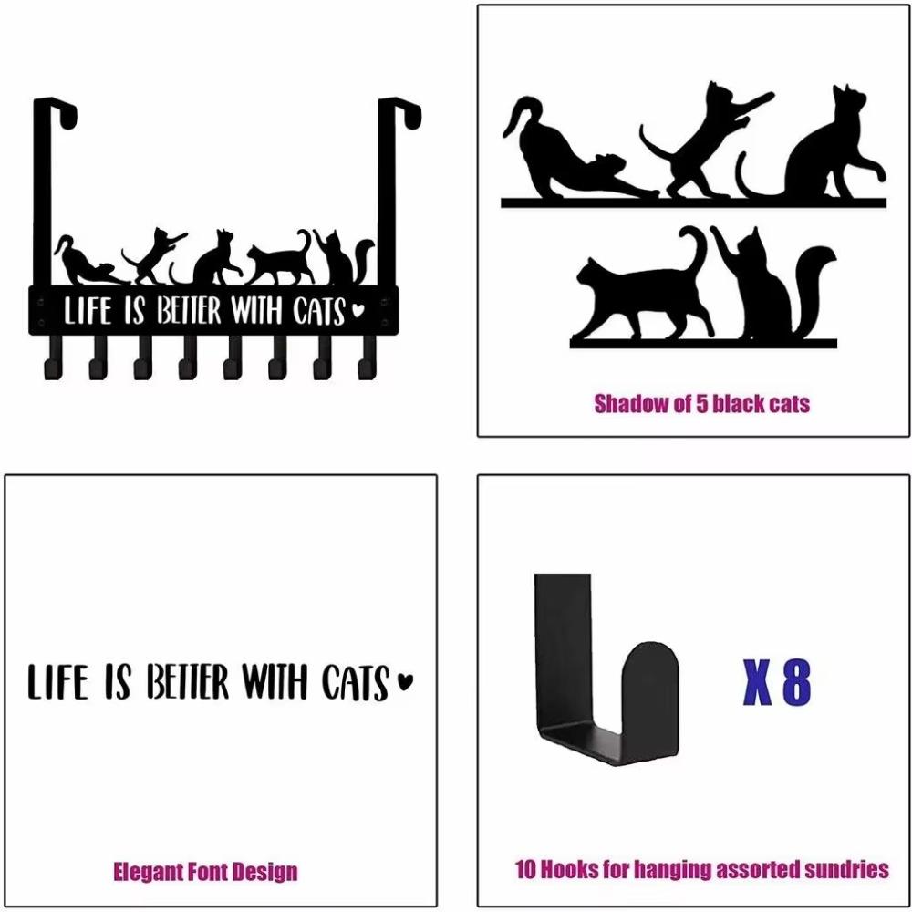 Black Cat Over The Door Hooks Hanger, 8 Hooks Decor Towel Coat Rack Organizer coat rack wall mount towel rack wall mounted