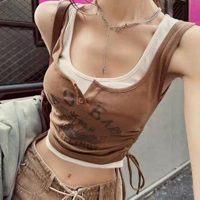 Retro Women Sexy Vest Workout Street Wear Casual Tank Tops For Girls Y2K Tees Sleeveless T-shirts Fashion Lady Vest