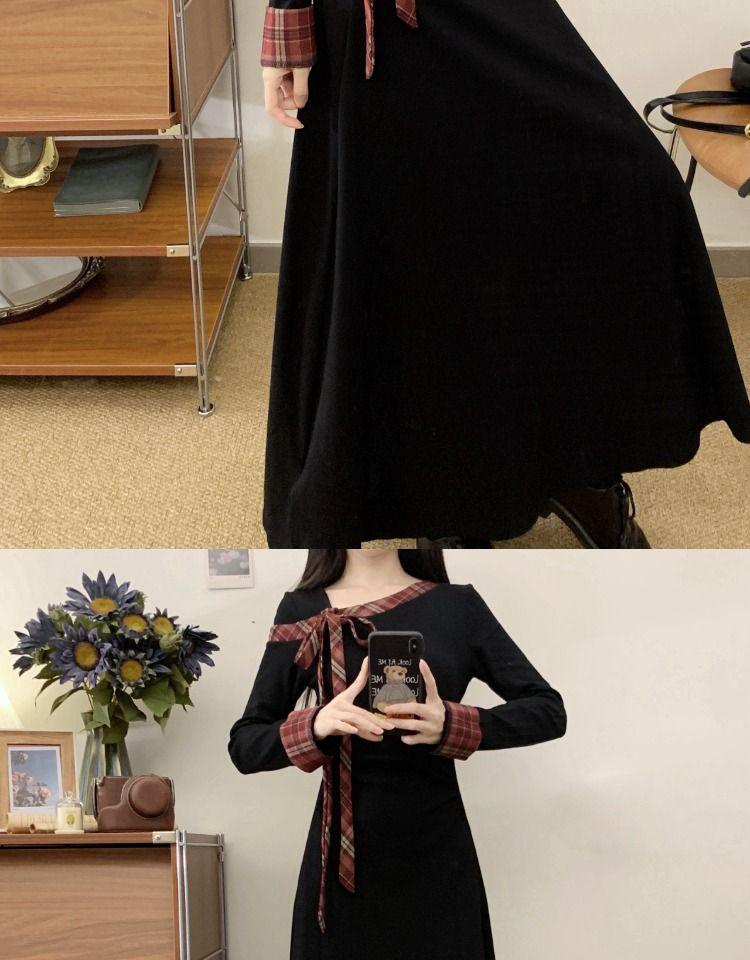 French Hepburn Style Little Black Dress - Bow Long Sleeve, Tummy Concealing, Slimming Mid-Length Ladies' Dress for Spring 2026.