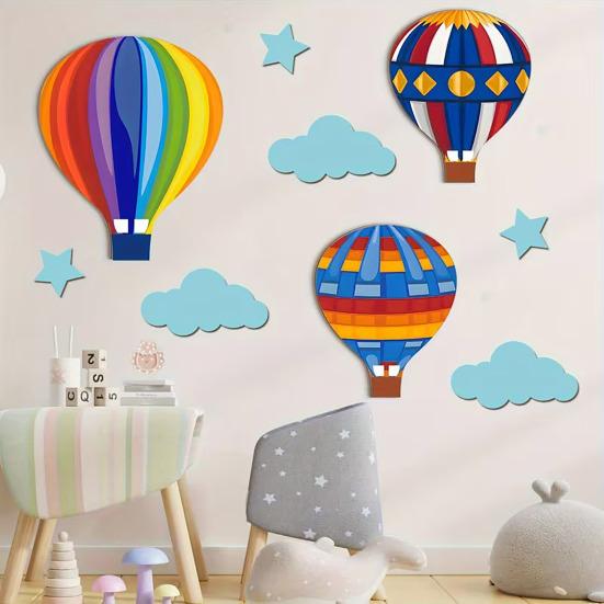 1 Set Wooden Hot Air Balloon Wall Decor Nursery Kids Room Wall Art Rustic Hanging Ornaments with Stars Clouds Design Baby Shower Birthday Gift