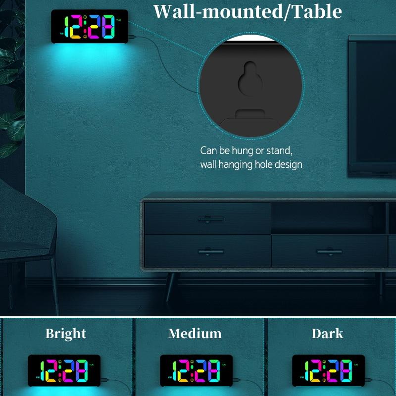 Cyfrowy budzik RGB z nastrojowym światłem RGB 2 alarmy tryb nocny nieograniczona drzemka zegar stołowy 12/24H wyjście ładowanie USB zegar LED