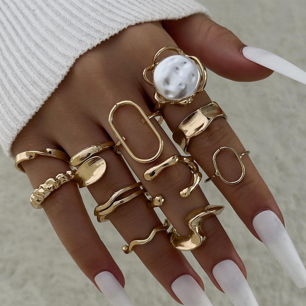 Accessories, versatile stacked wind special-shaped pearl ring, irregular dripping flower ring set