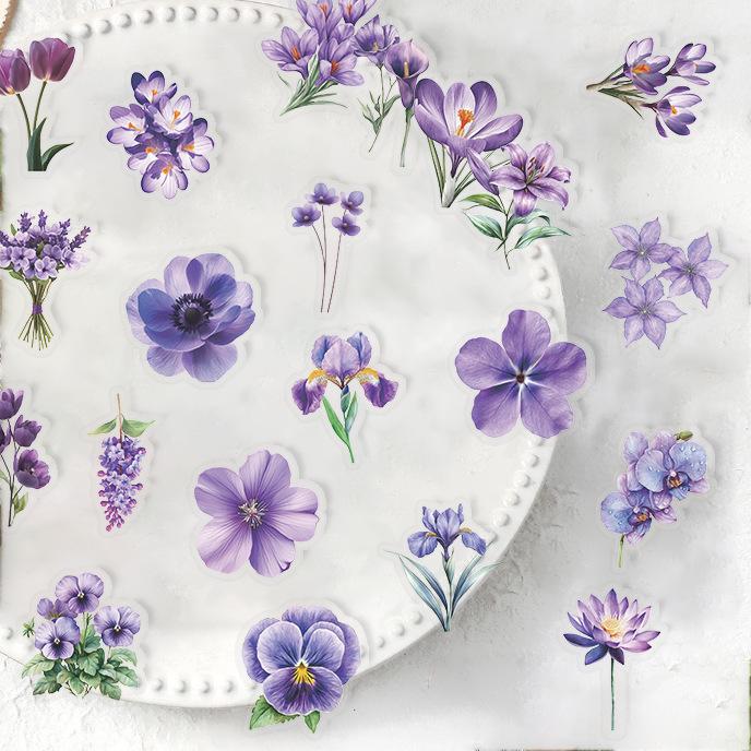 50 Transparent Cartoon Purple Floral Sticker Package Waterproof Transparent PET Handbook Material Decorative Guitar Notebook
